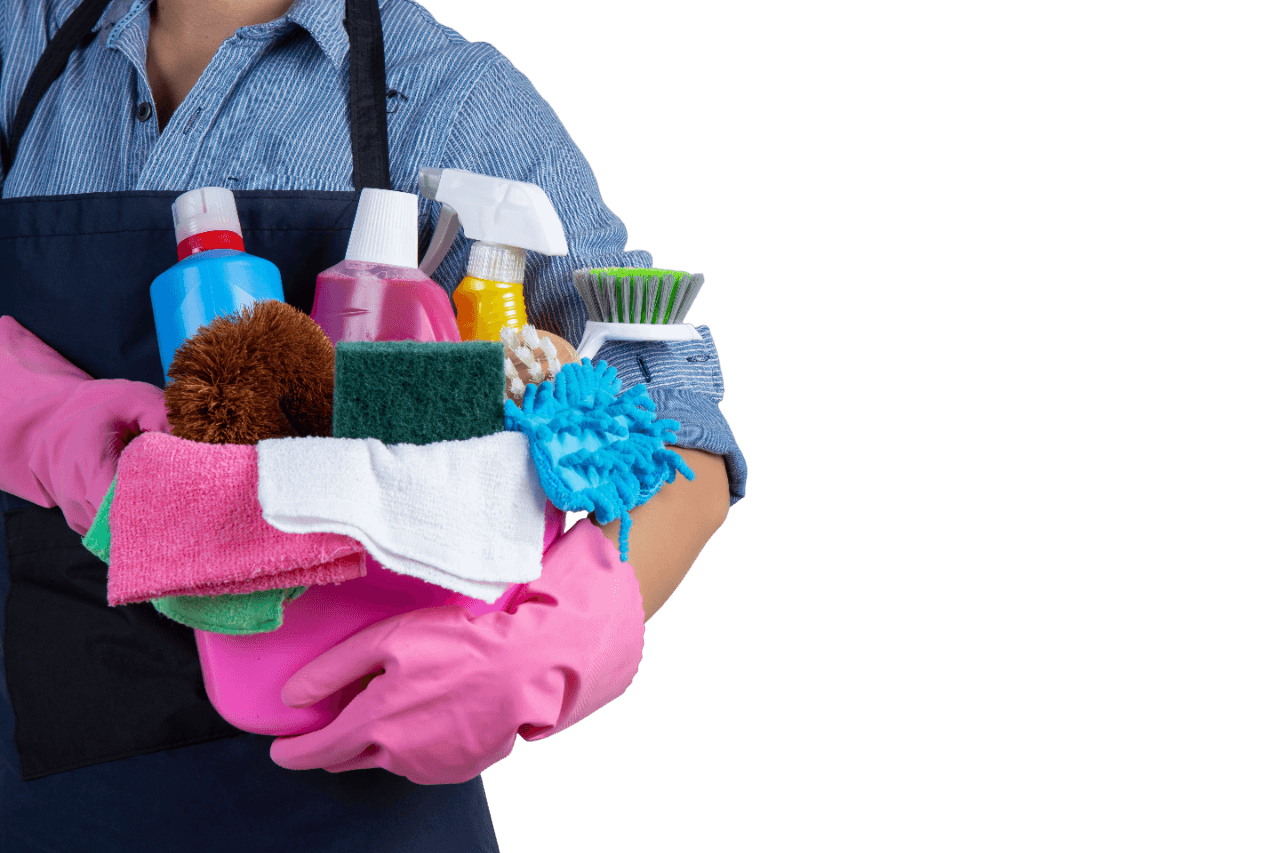 picture of a lady carrying cleaning products